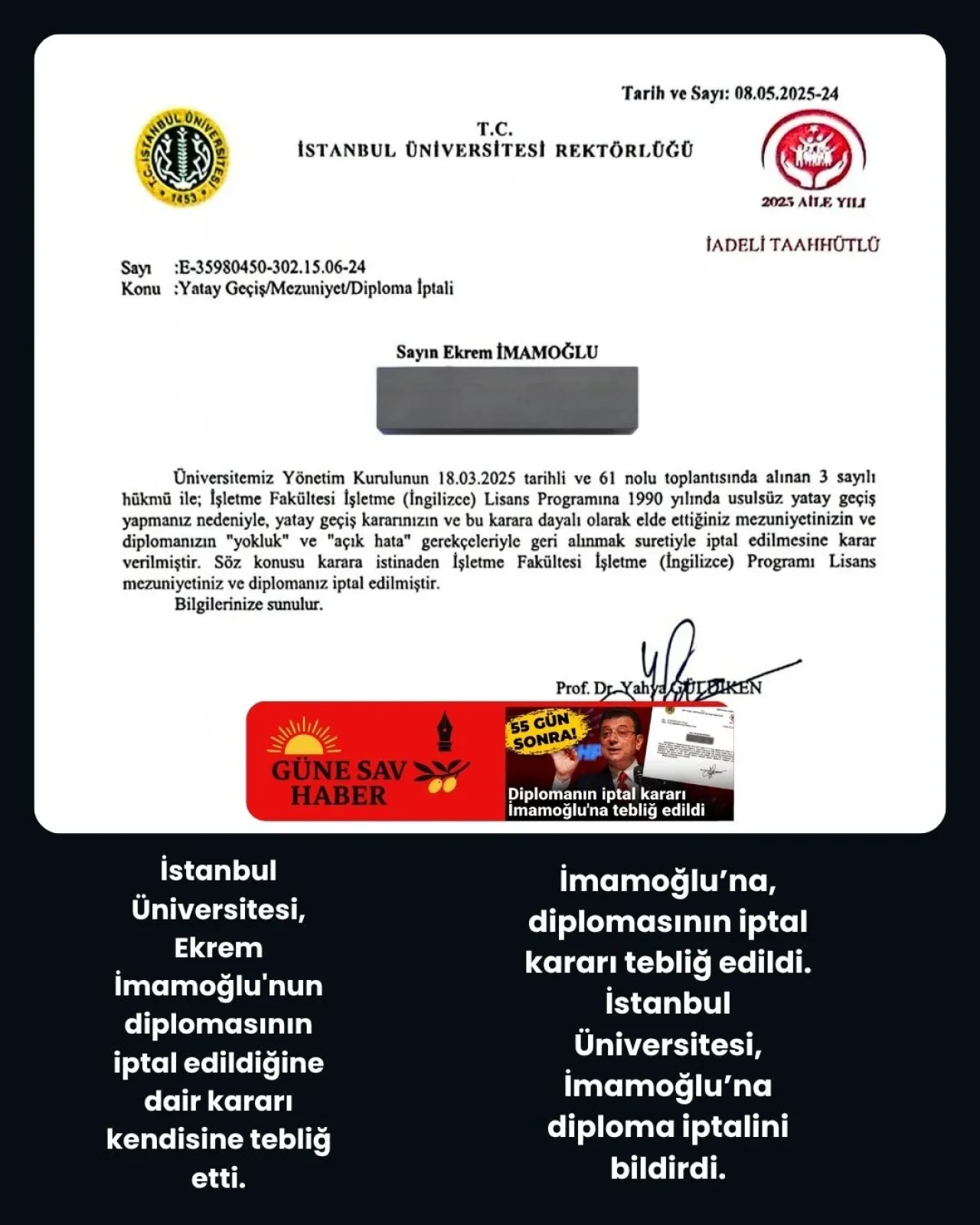 İstanbul Üniversitesi’nden Ekrem İmamoğlu’na Diploma İptal Bildirimi