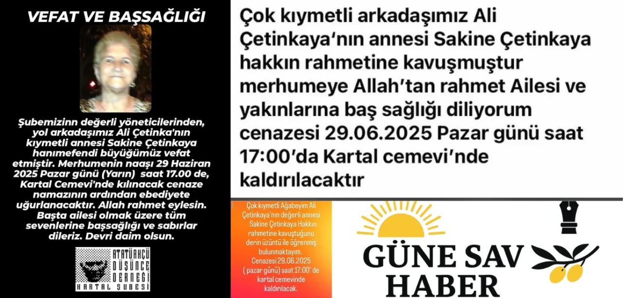 Sakine Çetinkaya Hayatını Kaybetti – Kartal'dan Taziye Dilekleri Yükseliyor