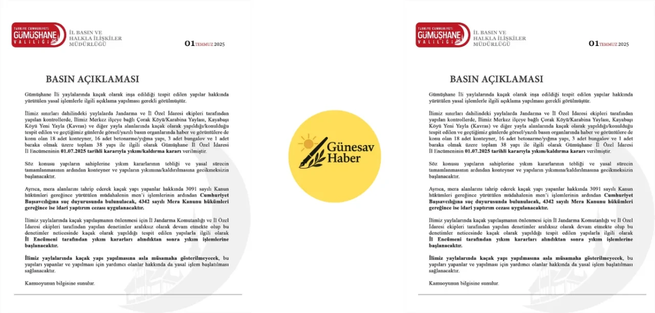 Gümüşhane Valiliği'nden dikkat çekici açıklama: 1 Temmuz 2025 Tarihine İlişkin Basın Bülteni Yayınlandı!